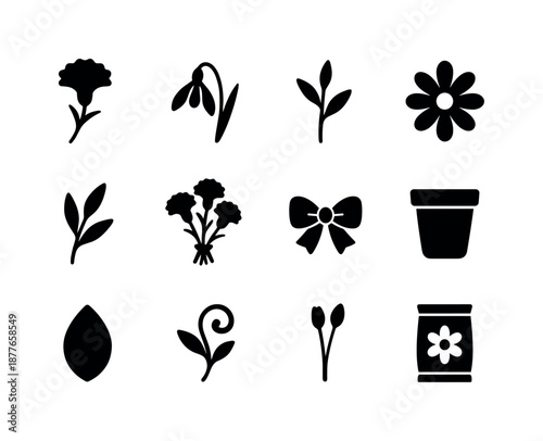 January Birth Flowers Icons. January birth flowers. Solid icon set of January birth flowers: carnation, snowdrop, bud stem, leaf sprig, bloom silhouette,