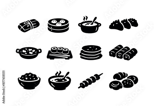 Cultural Food Icons. Cultural celebration foods. Solid icon set of cultural celebration foods: tamales, dim sum basket, curry pot, dumplings, paella pan, sushi