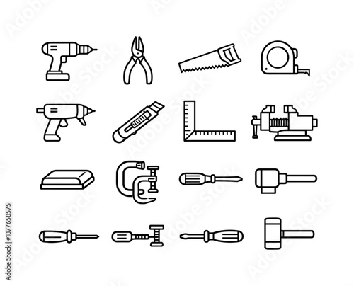 Handcraft Tools Icons. Handcraft workshop tools. Line icon set of Handcraft workshop tools: drill, pliers, saw, measuring tape, glue gun, utility knife, square