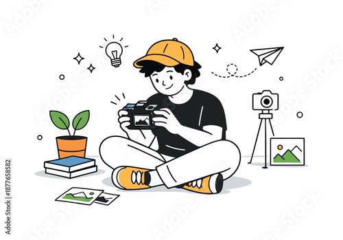 Creative Photography Reflection. Photography practice. A character reviewing photos on a camera screen after shooting. Learning process and creative growth in