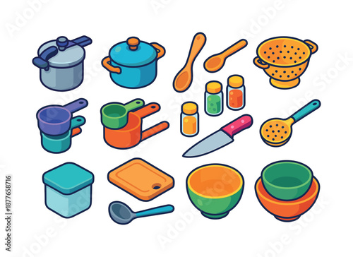 Bean Cooking Icons. Bean Cooking Tools. Colorful isometric vector icons set of Bean Cooking Tools: pressure cooker, stovetop pot, wooden spoon, colander,