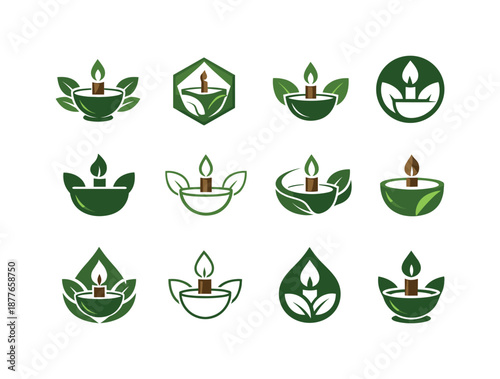 Eco-Friendly Candle Logos. Candle making with eco-friendly wax. Icon set. Set Logo of candle making with eco-friendly wax: wooden wick. harmonious logo