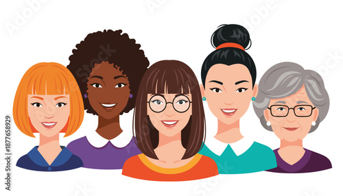 Vector Portrait of Five Diverse Women Standing Together in Unity