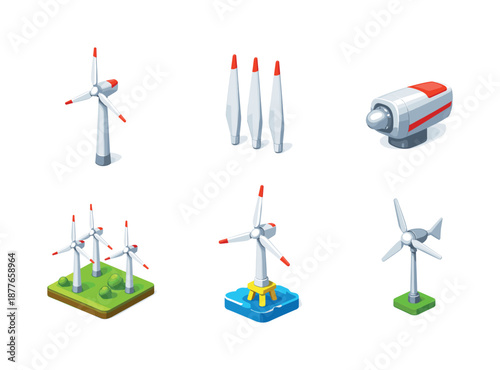 Isometric Wind Turbines. Wind turbine. Isometric flat vector icons set of Wind turbine: modern wind turbine tower, turbine blades set, turbine nacelle, wind