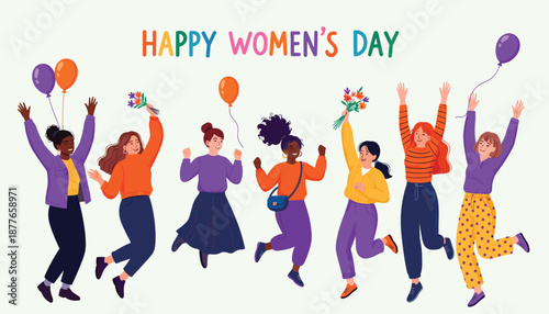Happy Women's Day Vector Featuring Seven Cheerful Women in Celebration