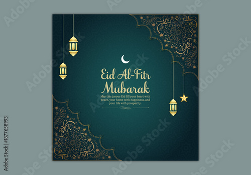 Editable Eid-Al-Fitr Mubarak Social Media Greeting Post Design with Crescent Moon, Hanging Star and Arabic Lamps on Golden and Teal Islamic Pattern Background.