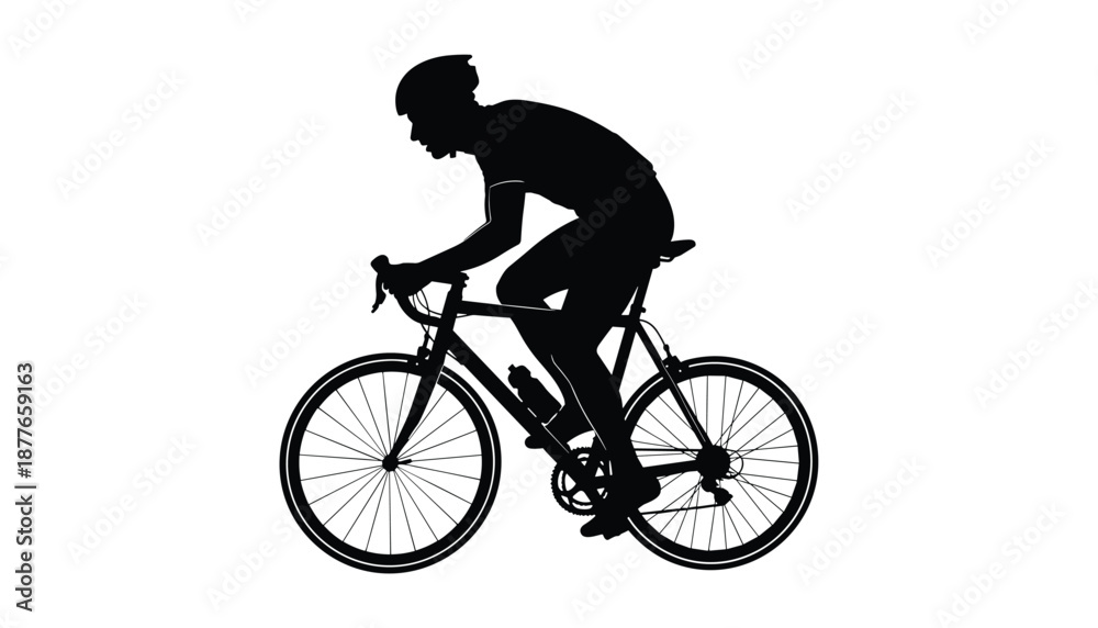 Obraz premium Vector of Person Riding Bicycle – Helmeted Cyclist in Leaning Position on Road Bike Silhouette 