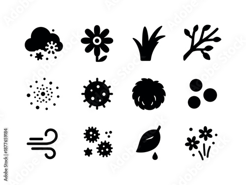 Spring Allergy Icons. Spring allergies. Solid icon set of common allergy triggers: pollen cloud, flower bloom, grass blade, tree branch, dust speck, mold