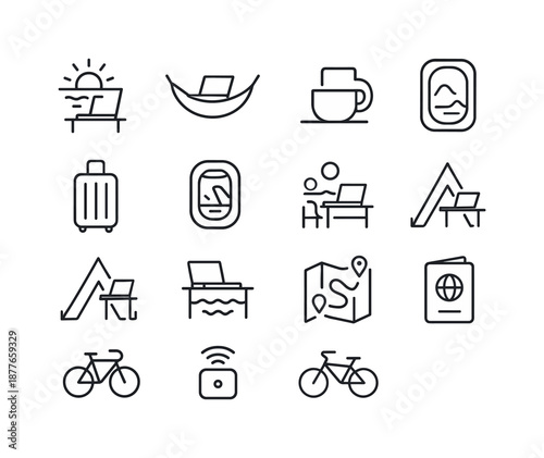 Wallpaper Mural Remote Lifestyle Icons. Remote lifestyle icons. Line icon set of Remote lifestyle icons: sunrise workspace, hammock laptop, cafe cup, travel suitcase, airplane Torontodigital.ca