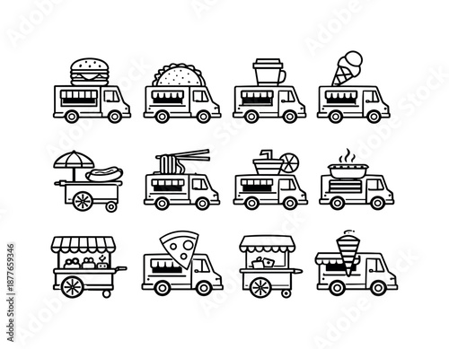 Street Food Icons. Street food. Line icon set of food truck items: burger truck, taco truck, coffee van, ice cream truck, hot dog cart, noodle van, juice