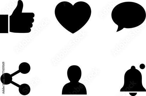 Set of 6 Minimalist Social Media Icons Flat Black Like Heart Share User Notification