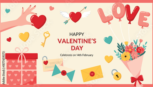 Valentine’s Day Celebration Icons – Heart, Gift, Cupcake, Key, and Balloons in Festive Layout Vector