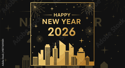 Happy New Year 2026 City Skyline Fireworks.