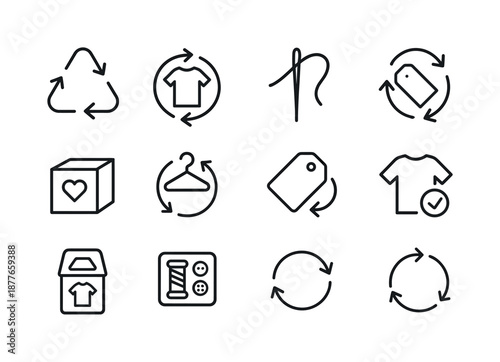 Circular Fashion Icons. Circular fashion. Line icon set of Circular fashion: recycling arrows, clothing loop, repair needle, upcycle icon, donate box, swap