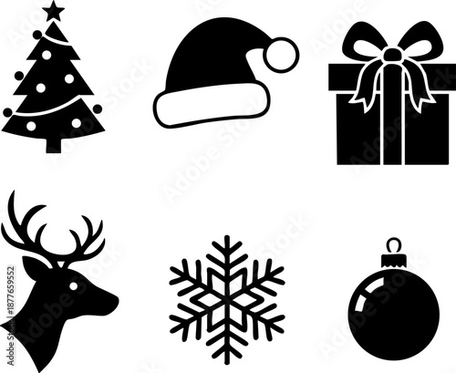 Set of 6 Minimalist Christmas Icons Flat Black Silhouettes Tree Santa Gift Reindeer Snowflake