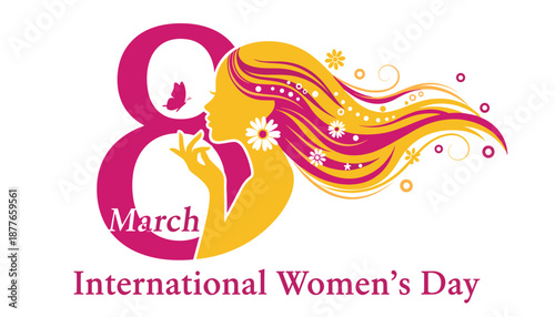 International Women’s Day Scene – Feminine Profile with Decorative Elements and Empowerment Message Vector 