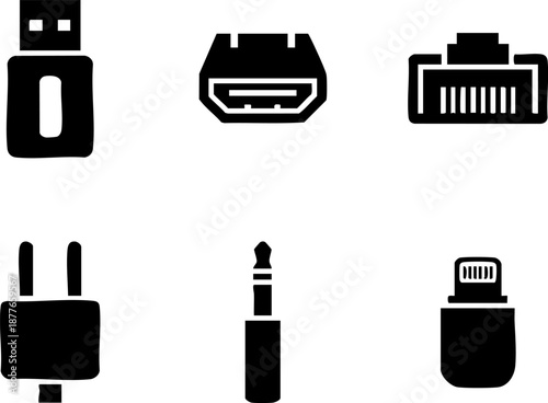Set of 6 Minimalist Cable Plug Icons Flat Black USB HDMI Ethernet Power Audio
