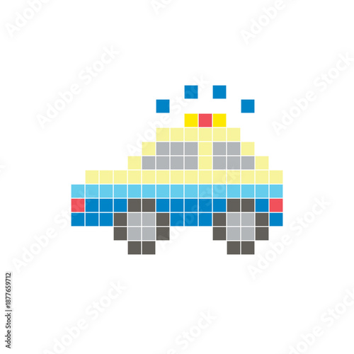 A flat pixel design made of geometric square color blocks on a clean icon layout. Pixel art police car
