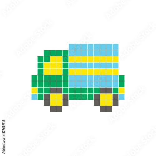 A flat pixel design made of geometric square color blocks on a clean icon layout. Pixel art delivery truck