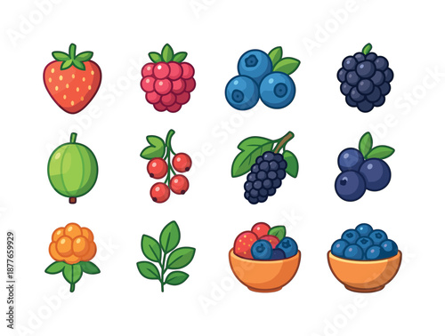 Colorful Berry Icons. Berry Fruits. Colorful flat vector icons set of Berry Fruits: strawberry, raspberry, blueberry cluster, blackberry, gooseberry, currant