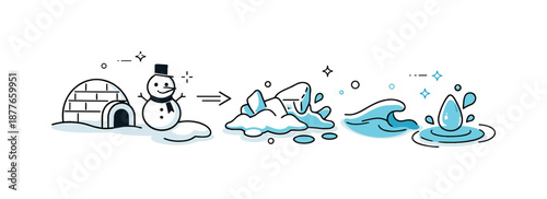 Ice to Water Transformation. From ice to water. A simple transformation scene showing solid snow shapes smoothly becoming fluid forms. The composition reflects