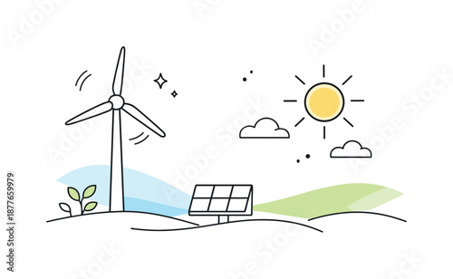 Minimalist Clean Energy. Renewable energy illustration. Minimal wind turbine and sun icon with soft landscape elements, expressing clean energy and