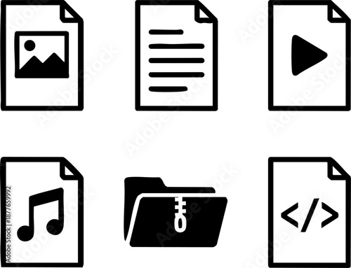 Set of 6 Minimalist File Type Icons Flat Black Document Vectors Image Text Video Audio Zip Code