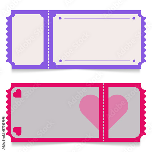 Set of Blank Event Ticket Templates in Purple and Pink with Hearts