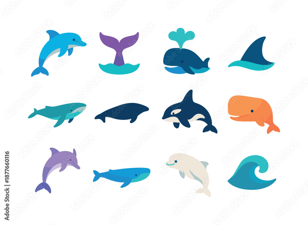 Fototapeta premium Whale and Dolphin Icons. whales & dolphins. Colorful flat vector icons set of whales & dolphins: dolphin leap, whale fluke, blowhole spray, dorsal fin, fin