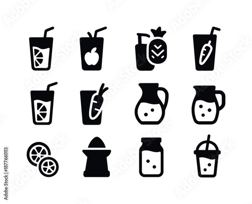 Juice Bar Icons. Juice party bar. Solid icon set of juice party bar: orange juice, apple juice, pineapple juice, berry juice, grapefruit juice, carrot juice,