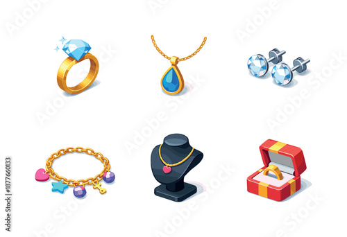 Jewelry Icons Grid. Jewelry Set. Isometric flat vector icons set of Jewelry Set: diamond ring, pendant necklace, stud earrings, charm bracelet, jewelry stand,