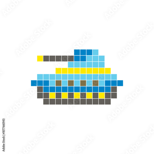 A flat pixel design made of geometric square color blocks on a clean icon layout. Pixel art tank
