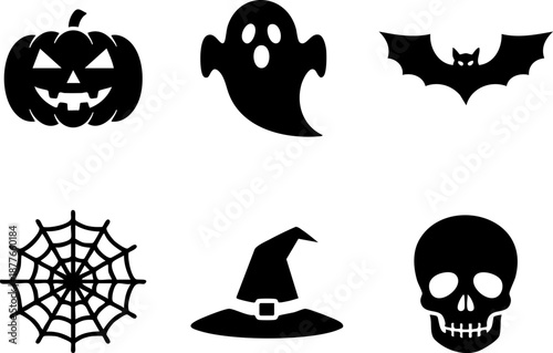 Set of 6 Minimalist Halloween Icons Flat Black Silhouettes Pumpkin Ghost Bat Skull