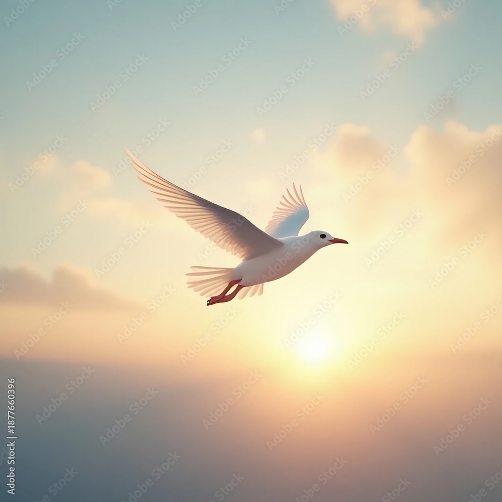 Fototapeta premium White Seagull Gliding Gracefully Through a Soft Sunset Sky