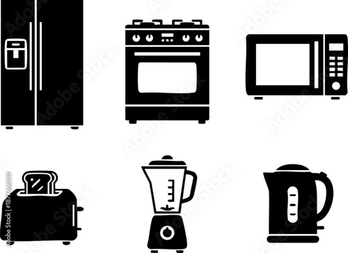 Set of 6 Minimalist Kitchen Appliance Icons Flat Black Refrigerator Oven Microwave Toaster Blender Kettle