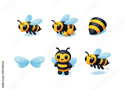 Isometric Bee Icons. Bee illustration. Isometric flat vector icons set of Bee illustration: flying bee, bee with pollen, striped bee body, bee wings detail,