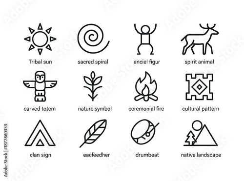 Indigenous Symbol Icons. Indigenous symbols. Line icon set of Indigenous symbols: tribal sun, sacred spiral, ancestral figure, spirit animal, carved totem,