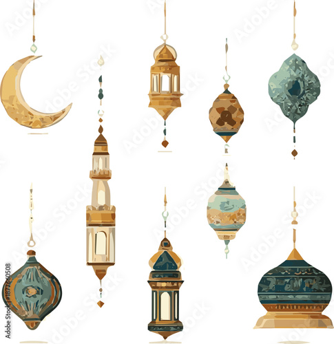 Isolated a kinds of deferent Muslim Islamic  elements vector art with white background.