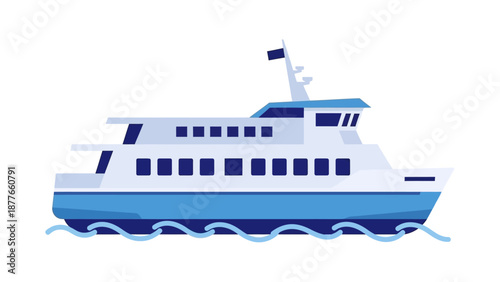 A large white and blue ferry boat sailing on calm waters viewed from the side