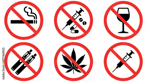 Forbidding Vector Signs featuring no smoking no drugs and no alcohol symbols for public safety