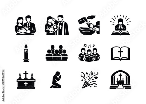 Baptism Icons Set. Baptism ceremony. Solid icon set of baptism ceremony: parents holding child, pastor blessing, water pouring, prayer moment, lit candle,