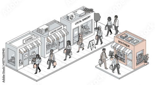 Isometric Illustration of Shopping Mall Scene People.