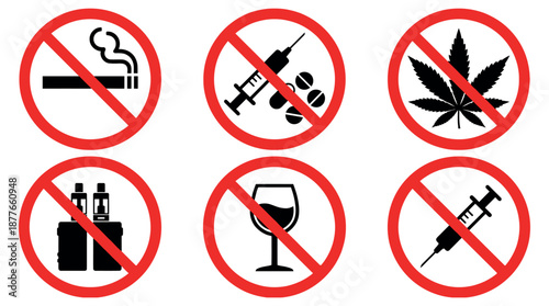 Forbidding Signs Vector Collection with No Smoking No Drugs No Vaping and No Alcohol Symbols