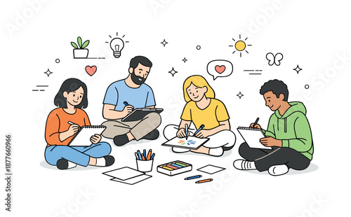 Art Therapy Session. Group doing art therapy. Several people sitting together and drawing, calm atmosphere of self-expression and emotional balance through