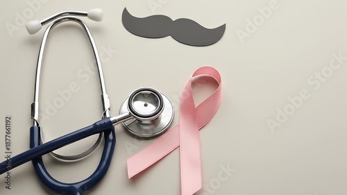 Stethoscope Pink Ribbon and Mustache Symbolizing Health Awareness and Mens Health.