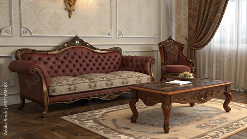 Elegant living room with luxurious classic furniture and ornate decor for sophisticated interior design