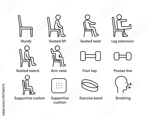 Chair-based Fitness Icons. Chair-based fitness. Line icon set of Chair-based fitness: sturdy chair, seated lift, seated twist, leg extension, seated march, arm