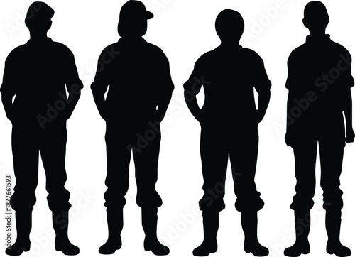 Four black silhouettes of manual workers wearing boots and caps standing in a row, isolated on white background, vector illustration.