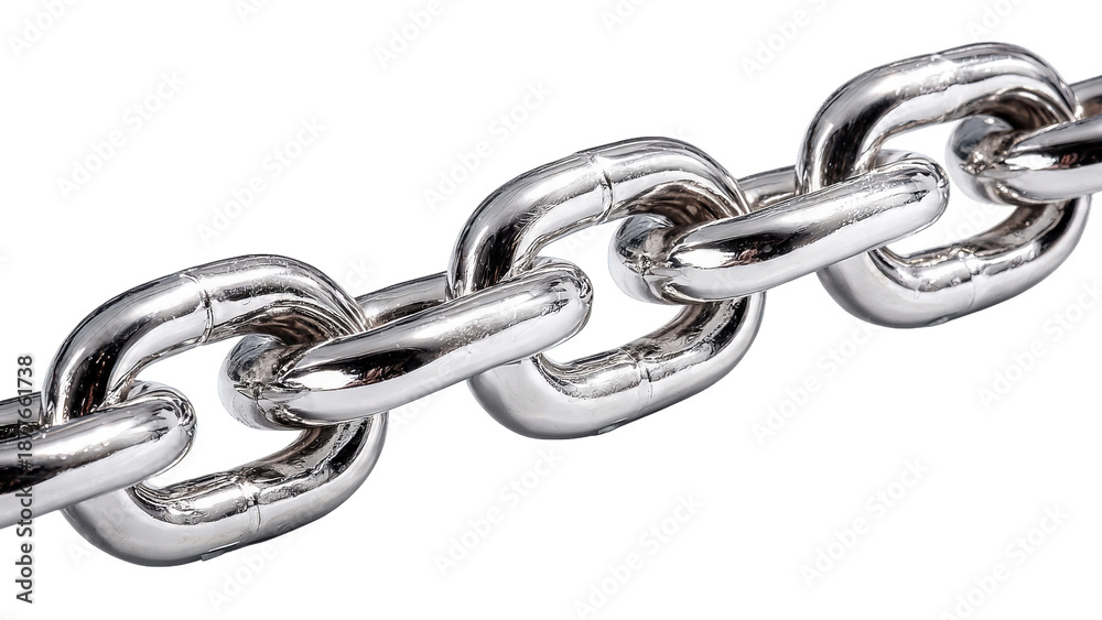 Obraz premium A close up view of a strong, shiny metal chain with interlocking links on a white surface.
