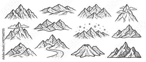 Hand-drawn mountain landscape sketch with nature scenery. Vector line art illustration featuring peaks, hills, and outdoor adventure elements for travel designs.